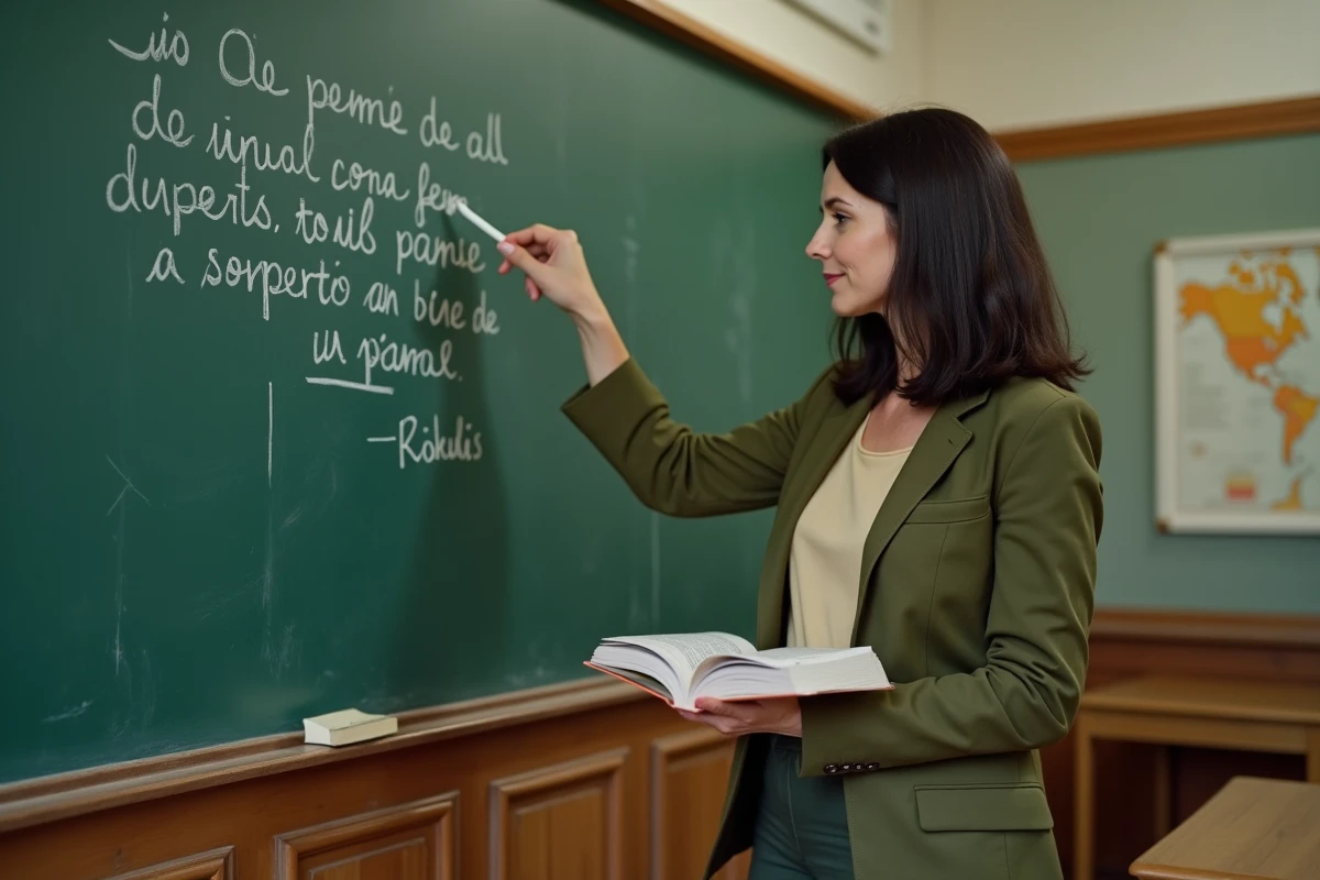 Professeure de fran&ccedil;ais expliquant comment citer Arthur Rimbaud au baccalaur&eacute;at devant un tableau de classe avec un extrait de po&egrave;me manuscrit