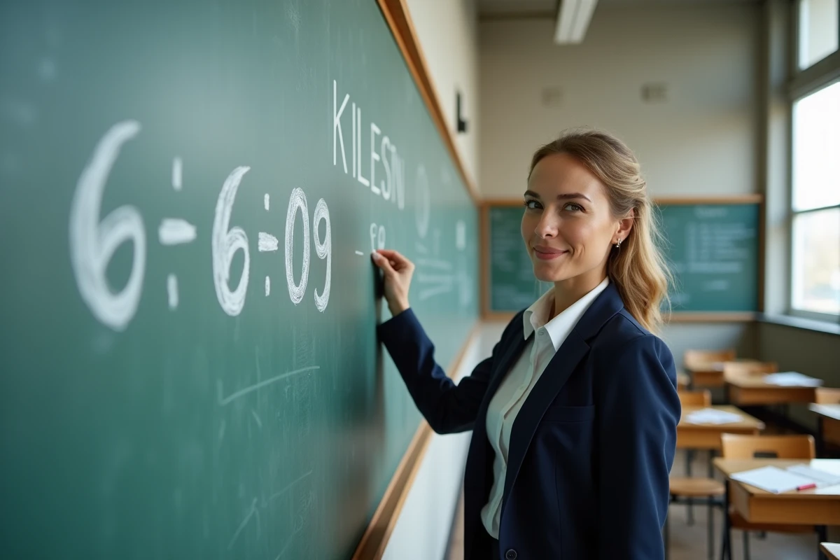 Professeure de mathématiques expliquant la formule de conversion kilomètre en miles au tableau dans une salle de classe