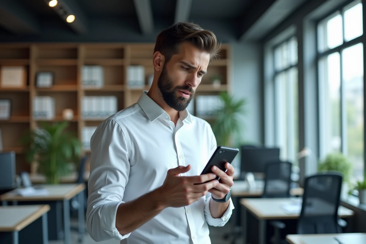 Jeune professionnel regardant avec suspicion une notification d'appel inconnu sur son t&eacute;l&eacute;phone dans un bureau moderne