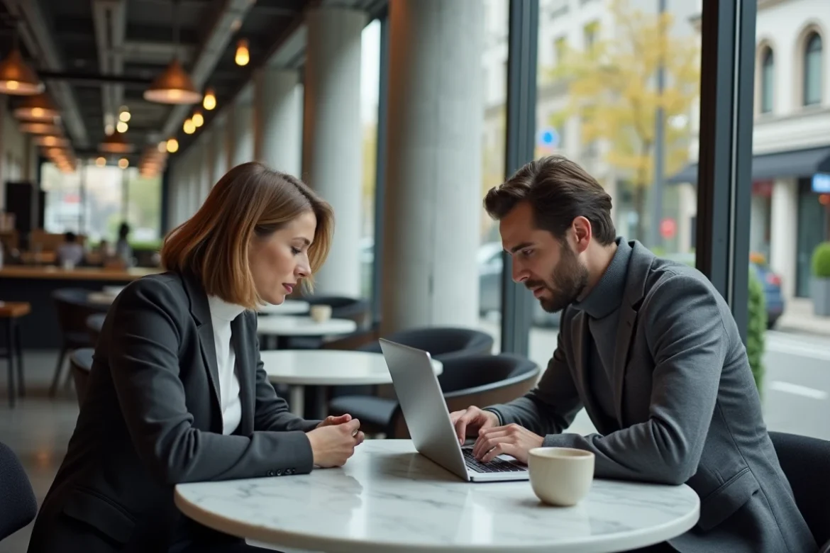 Deux professionnels comparant des sites web tendance sur ordinateur portable dans un caf&eacute; urbain moderne