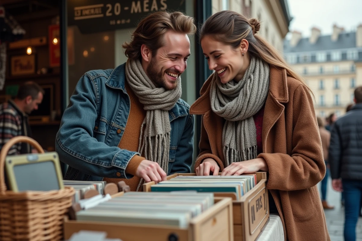 Jeune couple cherchant des vinyles anciens sur un stand du marché aux puces de la porte de Vanves