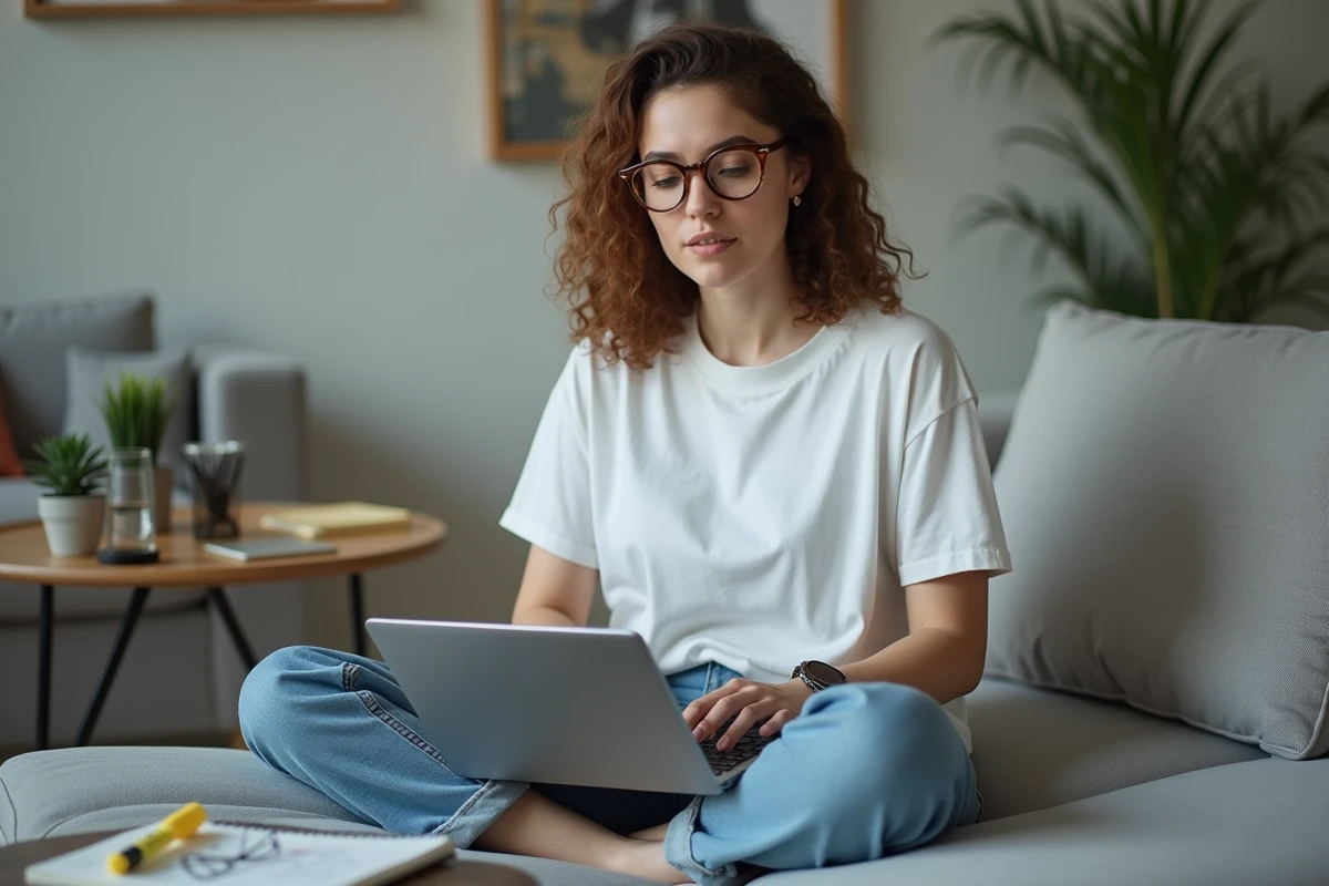 Jeune femme effectuant des recherches en ligne sur son ordinateur portable depuis son salon avec un carnet de notes