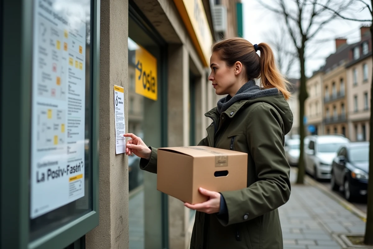 Femme consultant une liste de points de d&eacute;p&ocirc;t Colissimo affich&eacute;e devant un bureau de poste en ville
