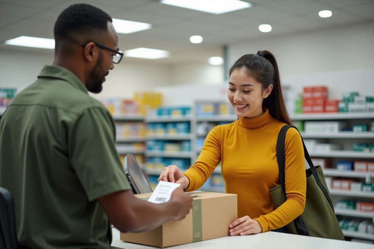 Jeune femme remettant un colis de retour UPS &agrave; un employ&eacute; de point relais en pharmacie