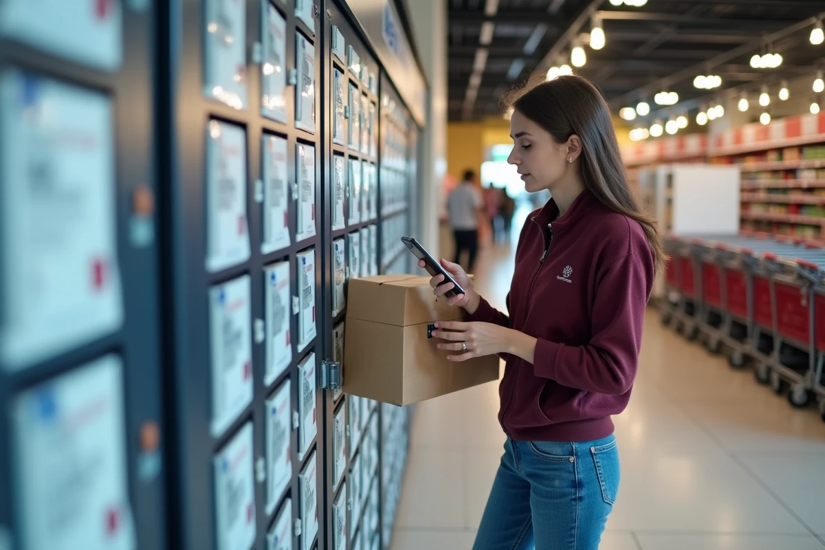 Jeune femme r&eacute;cup&eacute;rant un colis Colissimo dans une consigne automatique &agrave; l'entr&eacute;e d'un supermarch&eacute;