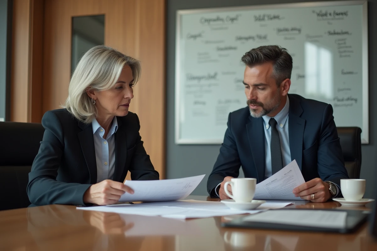 Deux professionnels du droit discutant des d&eacute;finitions r&eacute;glementaires dans des documents juridiques incluant des termes sp&eacute;cifiques tels que NORIAS