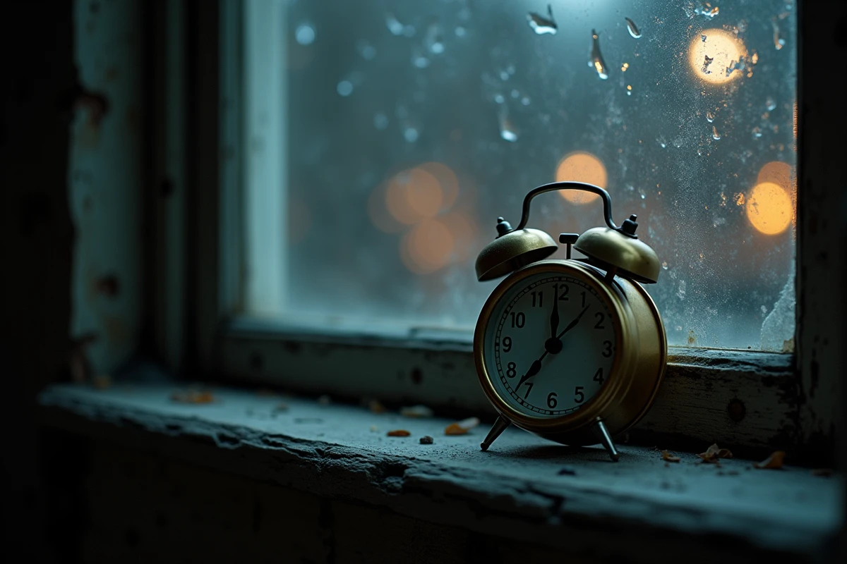 Gros plan d'un r&eacute;veil en laiton indiquant 23h23 sur un rebord de fen&ecirc;tre nocturne, &eacute;voquant la symbolique myst&eacute;rieuse des heures miroirs