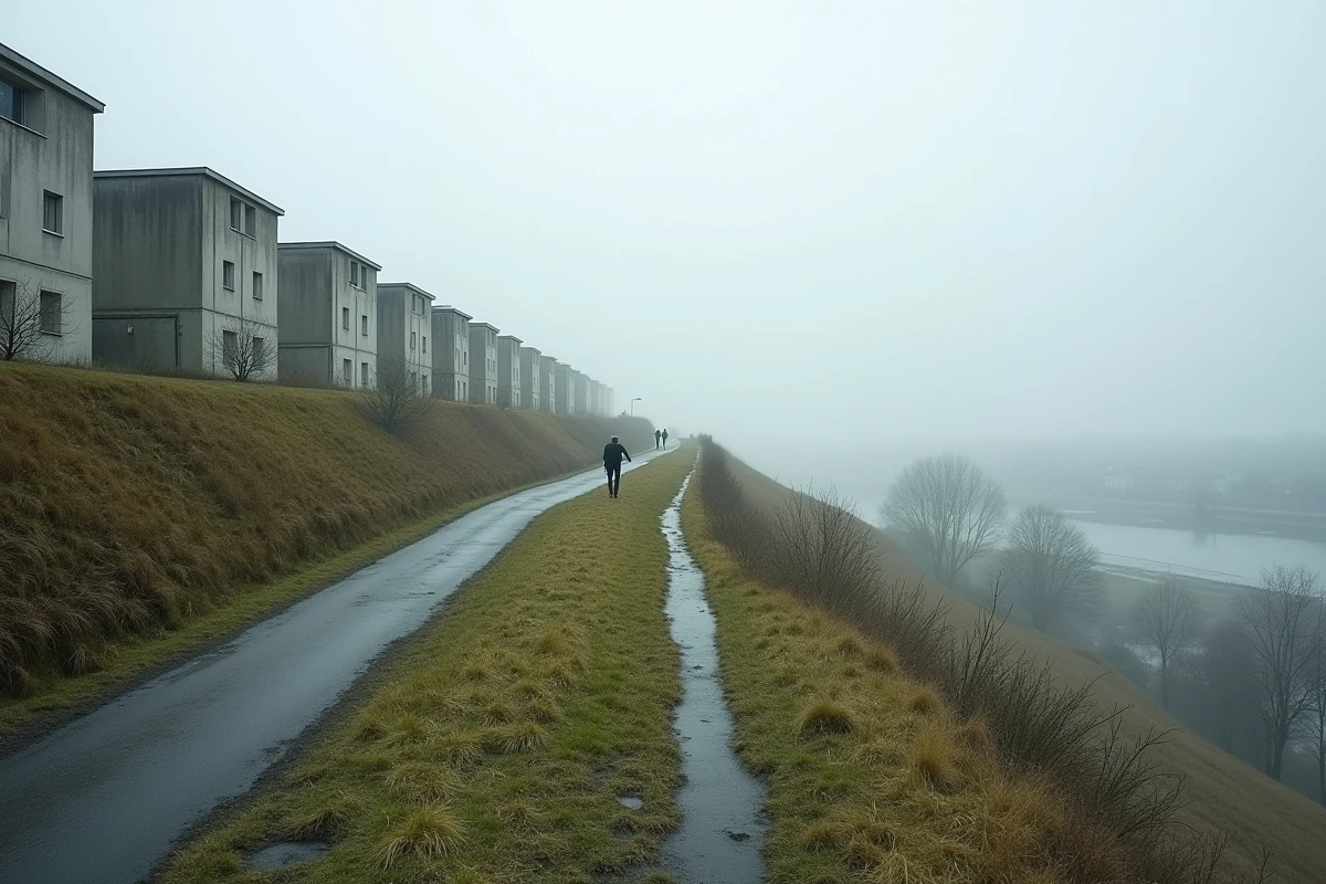 Cit&eacute; Grammont &agrave; Rouen sur un coteau avec barres de b&eacute;ton pr&eacute;fabriqu&eacute; et vall&eacute;e de la Seine dans la brume