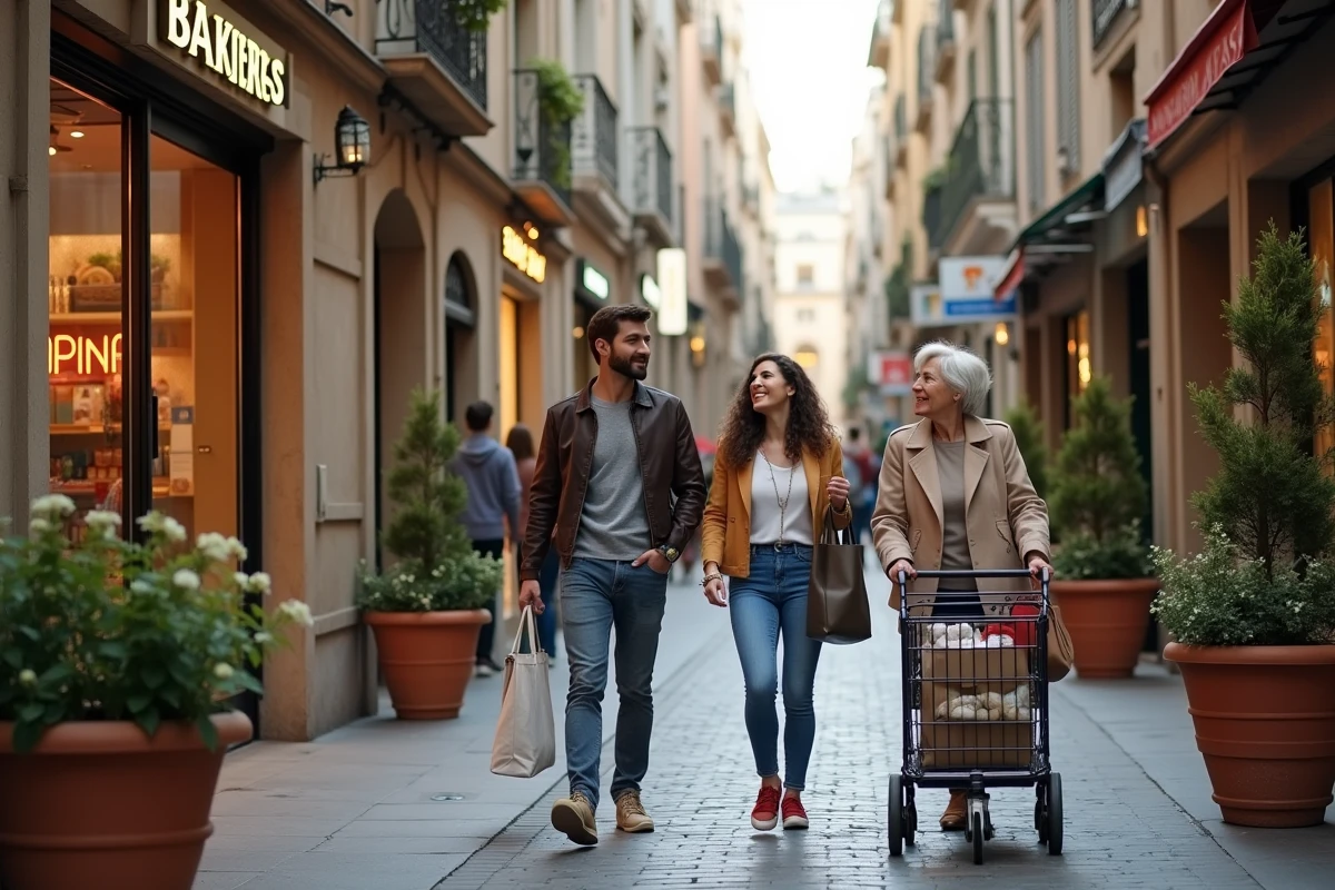 Rue commer&ccedil;ante de Montpellier avec plusieurs magasins ouverts en soir&eacute;e et des passants faisant leurs achats