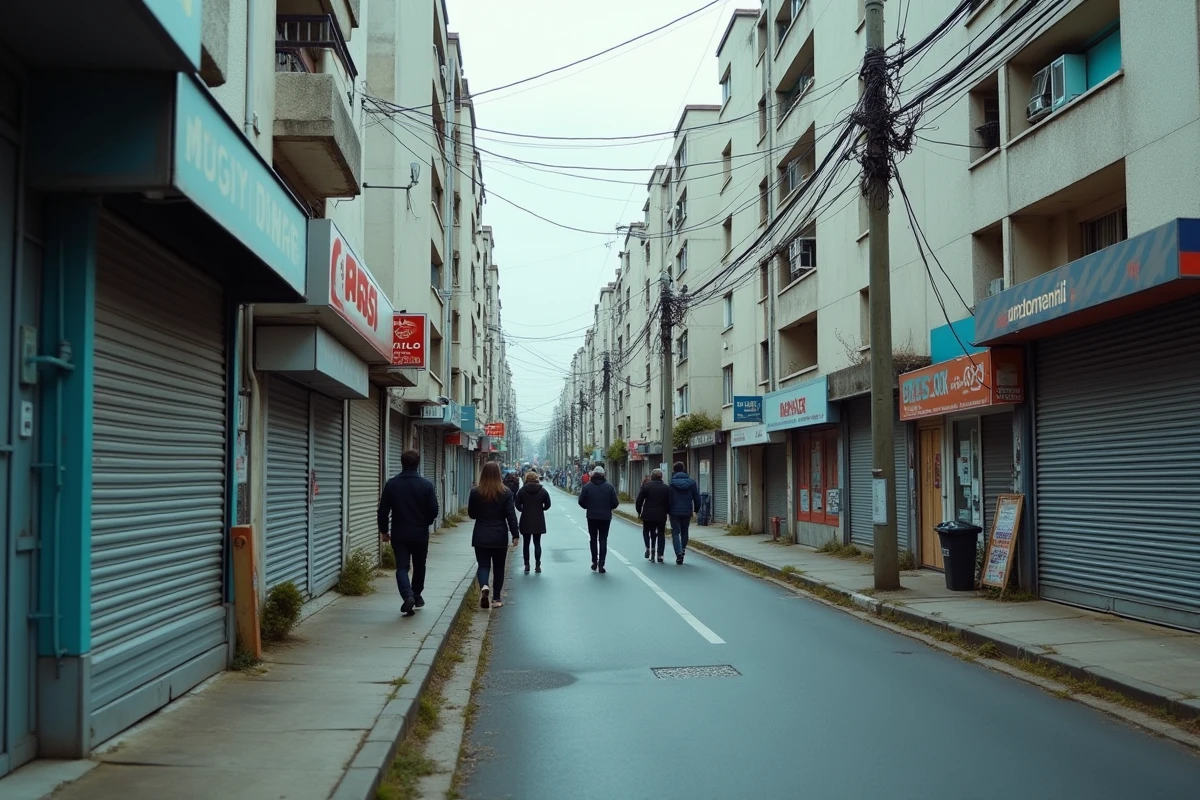 Rue de Saint-Denis en Seine-Saint-Denis avec barres d'immeubles HLM et commerces aux volets m&eacute;talliques
