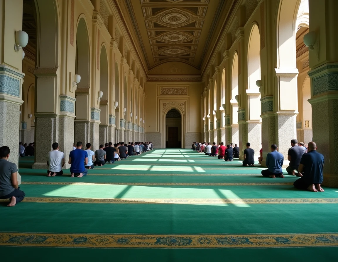 Int&eacute;rieur d'une salle de pri&egrave;re de mosqu&eacute;e &agrave; Paris 19 avec des fid&egrave;les en pri&egrave;re sur des tapis align&eacute;s et une architecture islamique orn&eacute;e de mosa&iuml;ques et d'arabesques