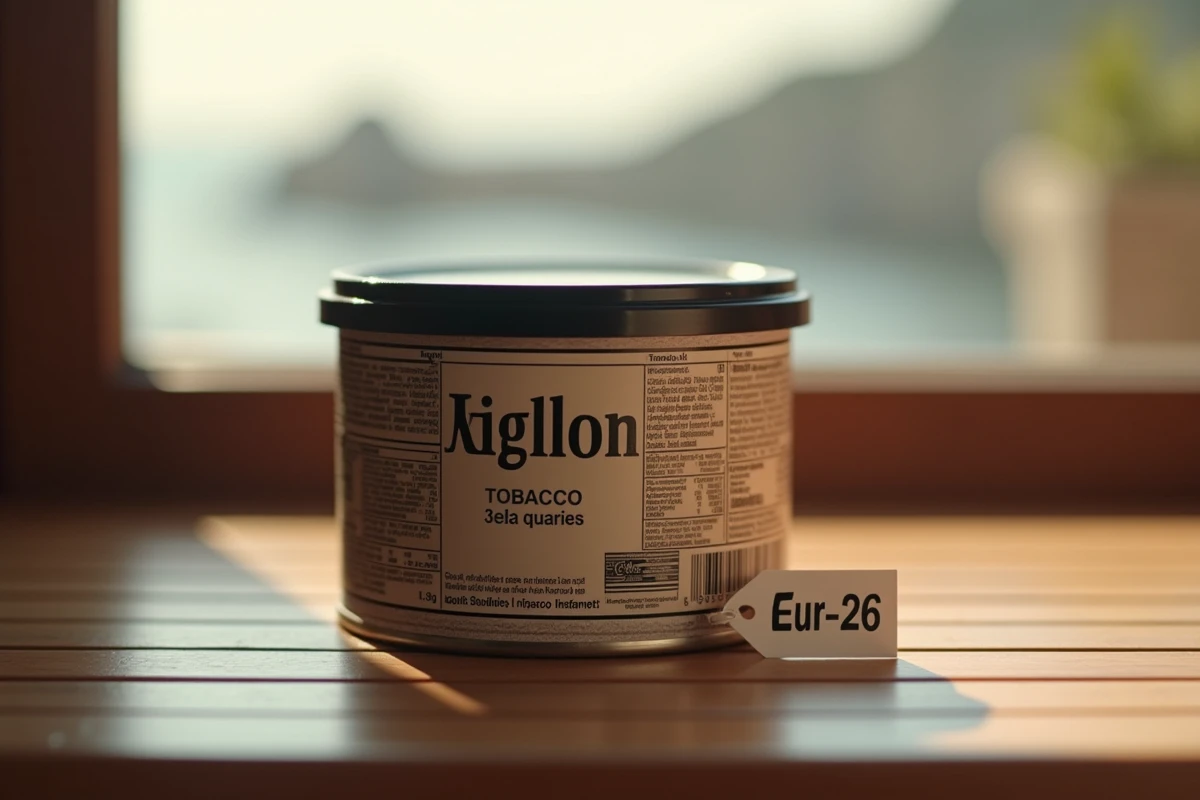 Seau de tabac 1kg pos&eacute; sur une table avec &eacute;tiquette de prix en euros dans un caf&eacute; espagnol