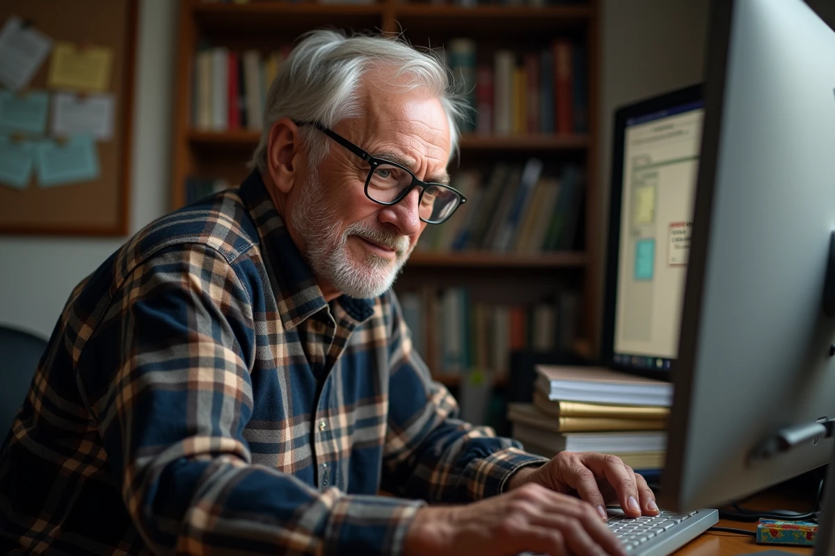 Homme senior apprenant la coinche en ligne sur ordinateur de bureau dans un bureau à domicile avec des cartes à jouer visibles