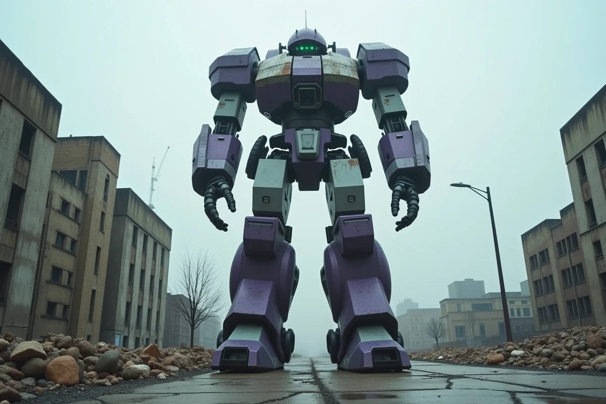 Sentinelle robot géante en armure segmentée violet et gris debout dans une ville dévastée, vue en contre-plongée dramatique
