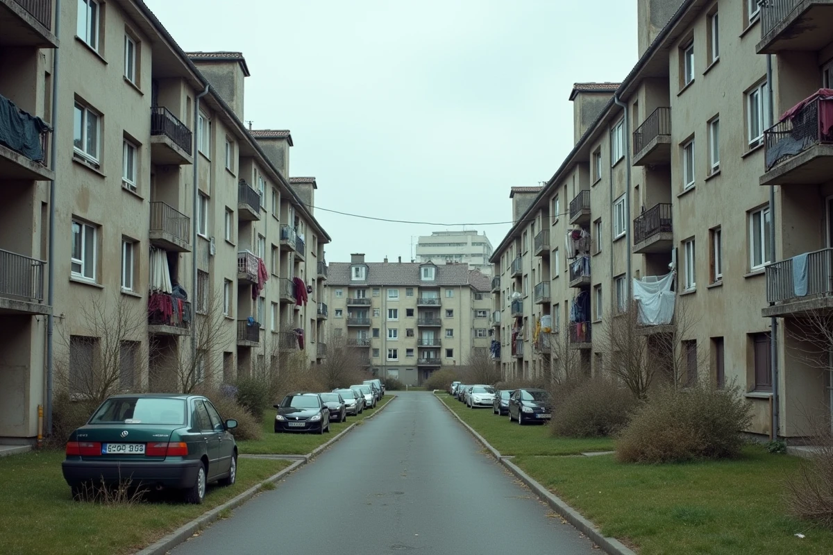 Cit&eacute; de logements sociaux &agrave; Sevran avec fa&ccedil;ades en b&eacute;ton tach&eacute;es et balcons charg&eacute;s de linge