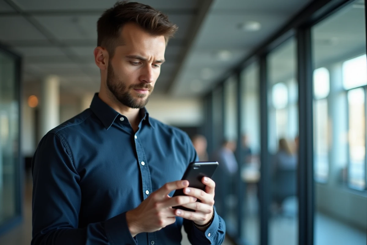 Homme en bureau vérifiant l'état d'envoi d'un SMS non délivré sur Android