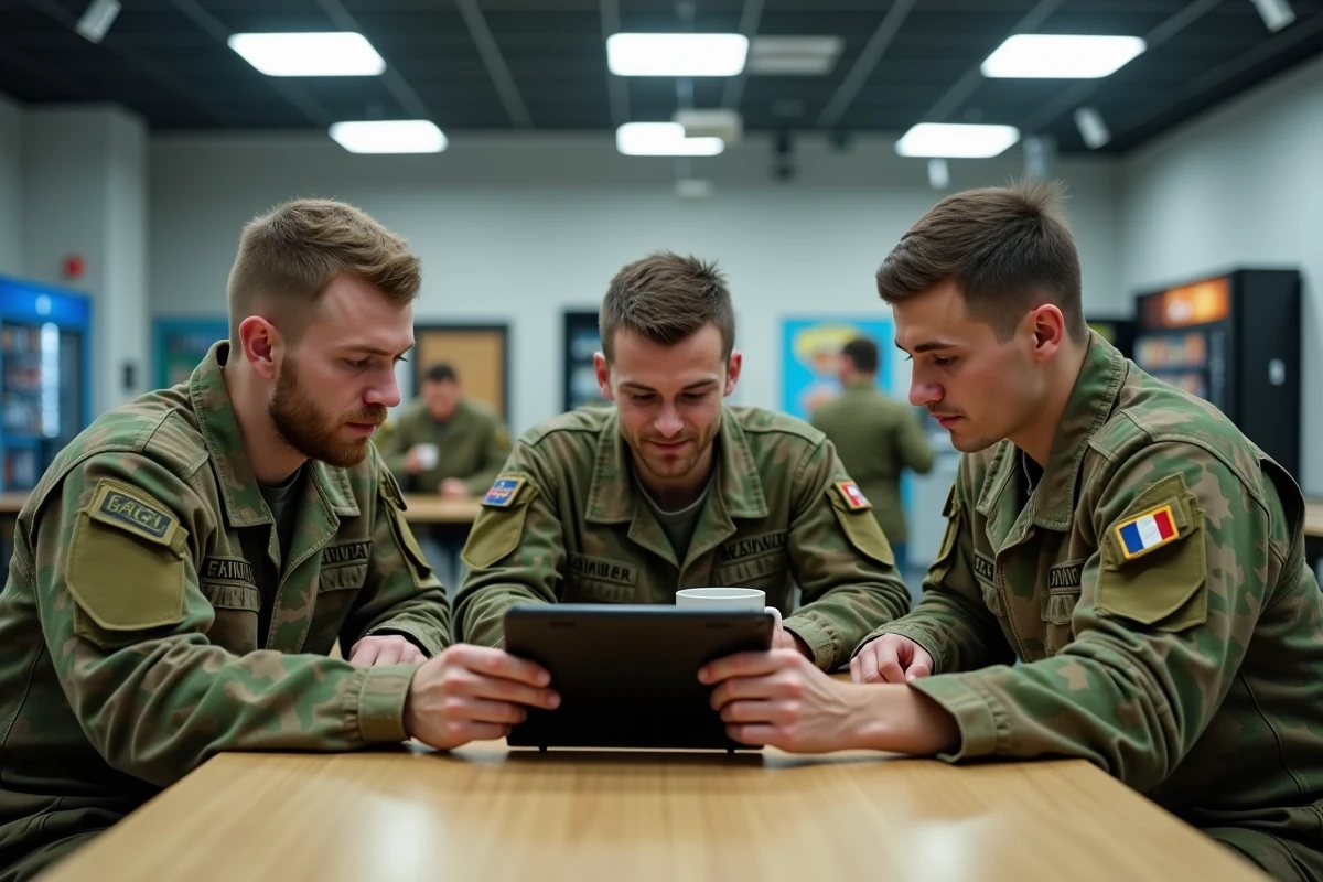 Groupe de soldats français réservistes et militaires d'active lisant Opex360 sur une tablette dans une cantine militaire