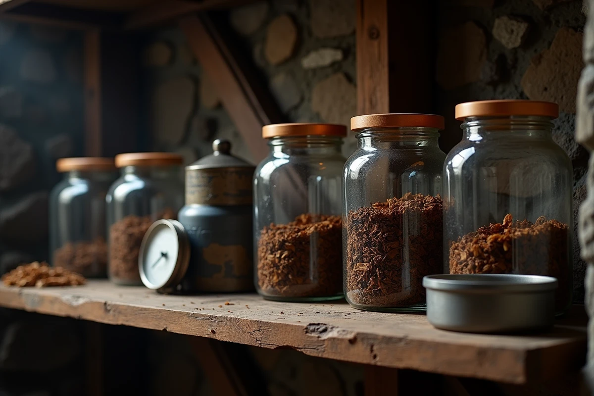 Pots en verre hermétiques et boîtes en métal contenant du tabac à pipe rangés sur une étagère en chêne dans une cave de conservation