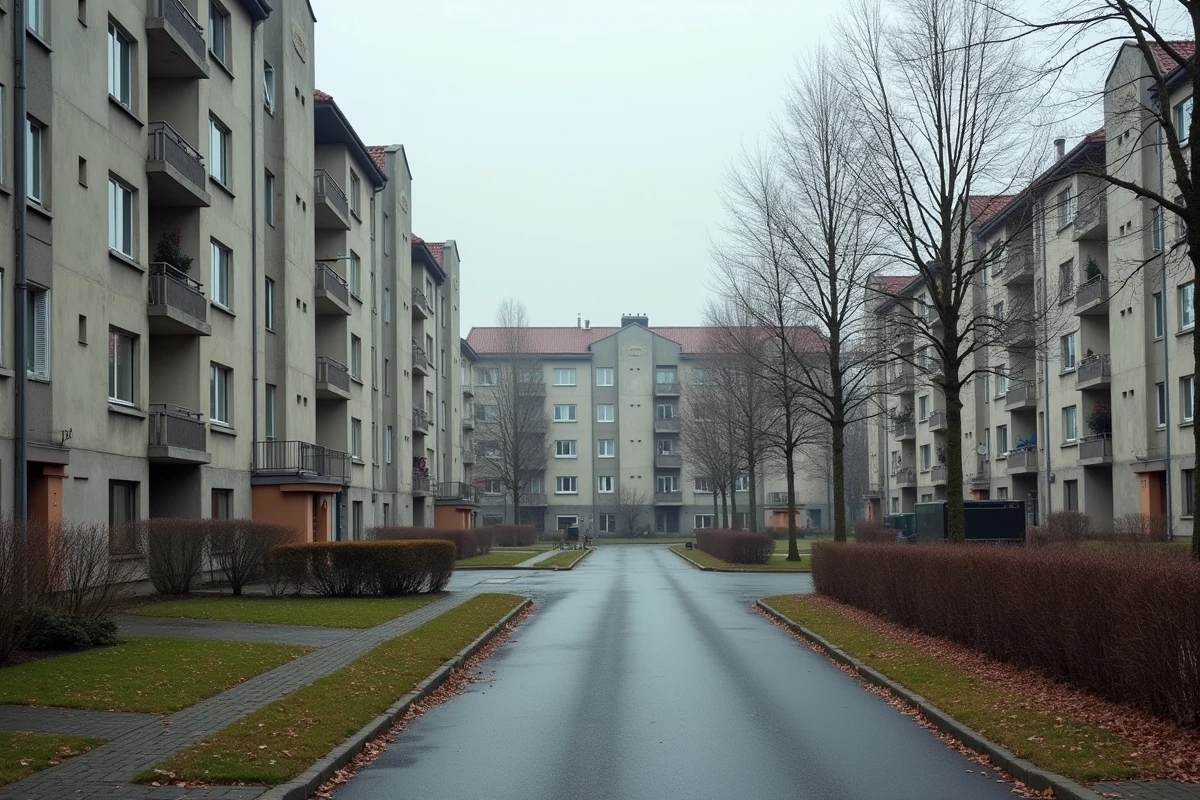 Cit&eacute; des ann&eacute;es 1970 de Hautepierre &agrave; Strasbourg avec grands blocs r&eacute;sidentiels en b&eacute;ton dispos&eacute;s en arc