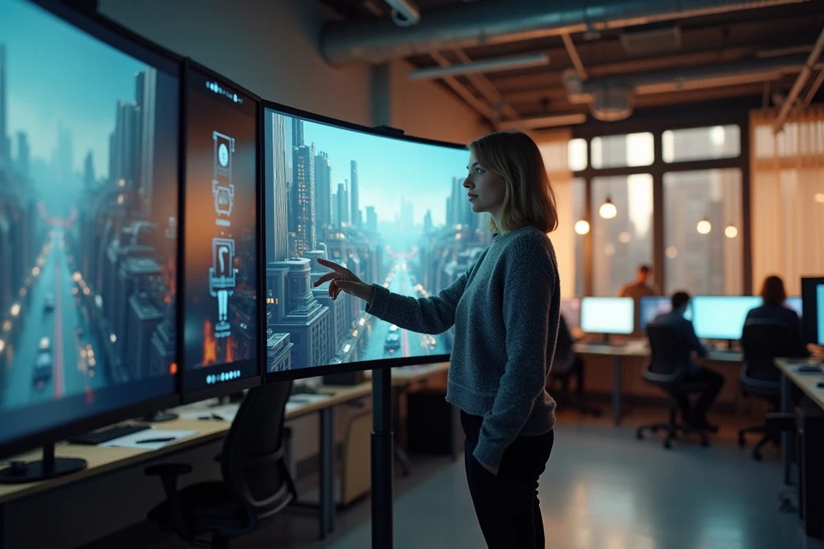 Superviseure des effets visuels analysant des images de film de super-héros sur des écrans dans un studio VFX moderne