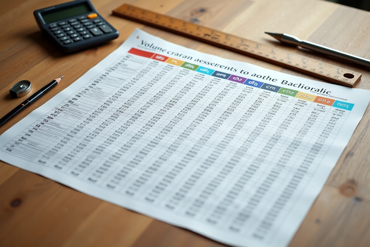 Tableau de conversion complet des volumes en m³ km³ hm³ dam³ posé sur une table en bois avec une règle et une calculatrice