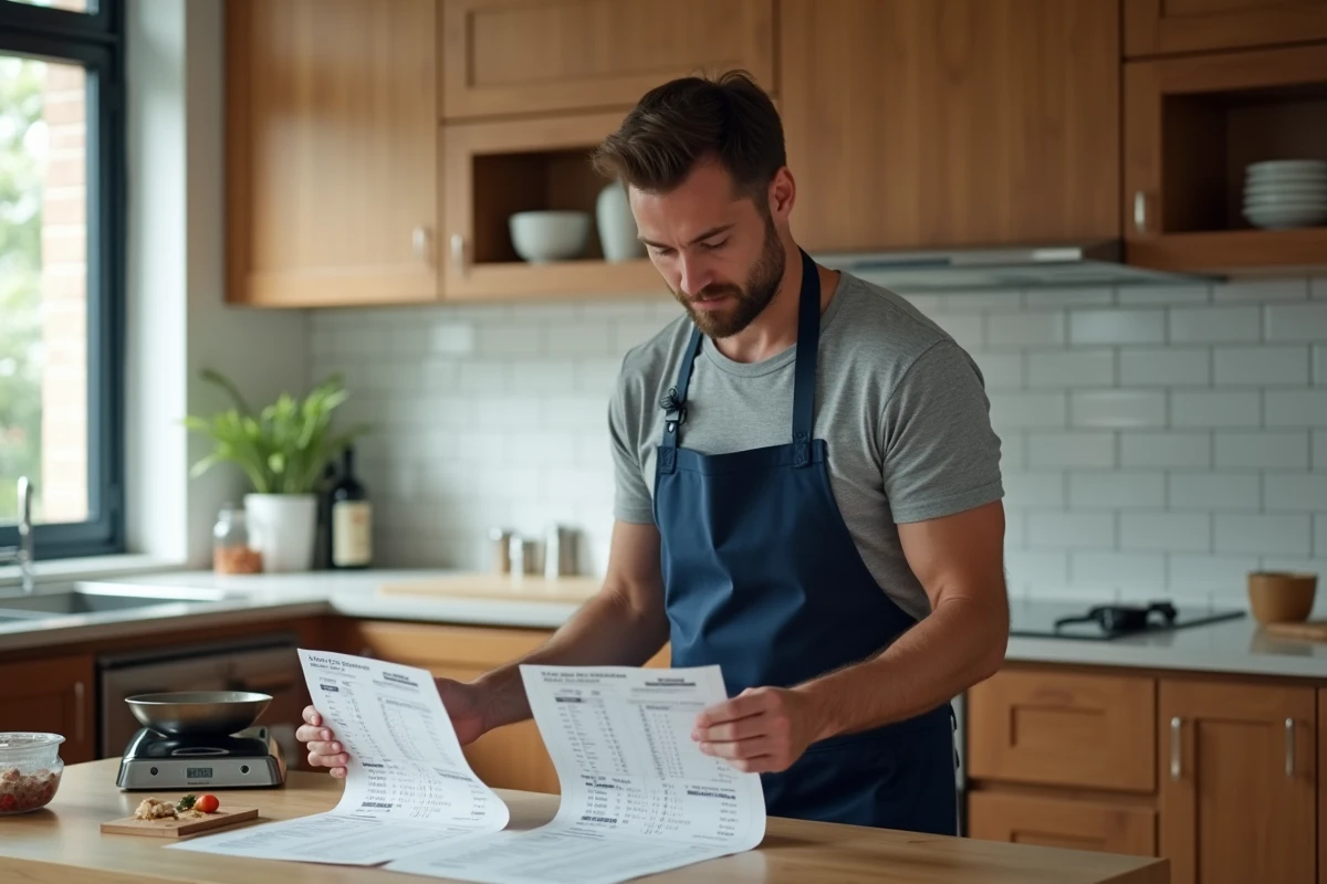 Homme en cuisine consultant un tableau de conversion kilogrammes avec une balance numérique