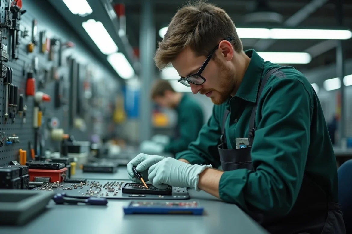 Technicien d&eacute;montant un smartphone reconditionn&eacute; dans un atelier de r&eacute;paration &eacute;lectronique professionnel