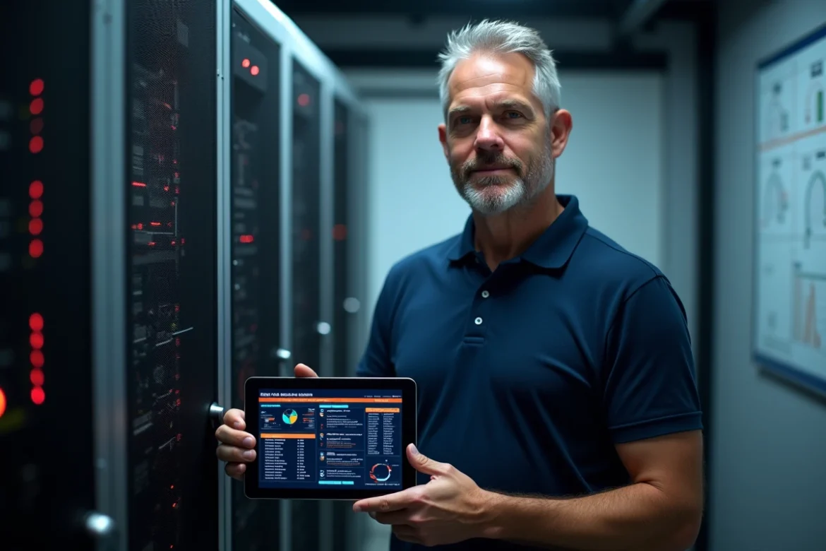 Technicien IT analysant les r&eacute;sultats de tests de logiciels syst&egrave;me sur une tablette dans une salle serveur