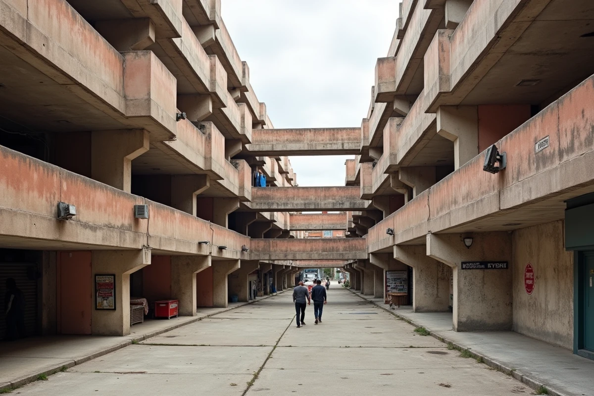 Architecture brutaliste du quartier Mirail-Reynerie &agrave; Toulouse avec passerelles sur&eacute;lev&eacute;es et dalles en b&eacute;ton