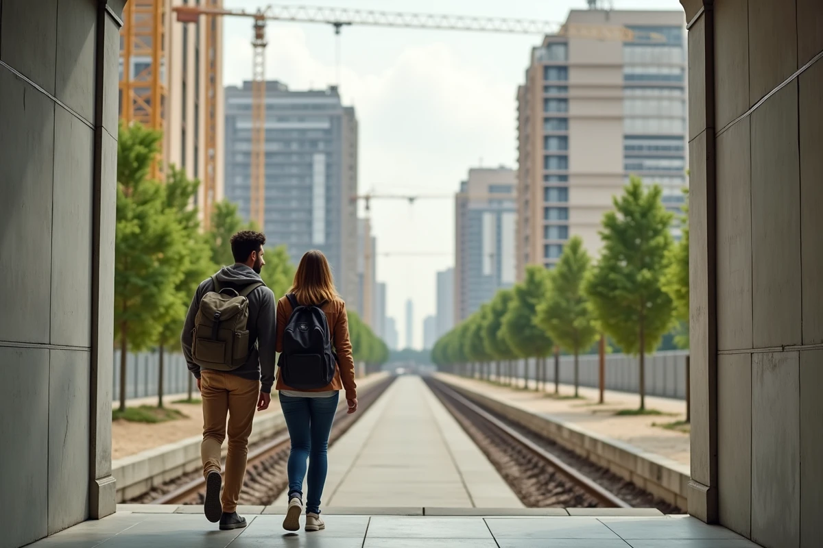 Couple de touristes sortant de la station Saint-Denis Pleyel sur la ligne 14, nouveau quartier en d&eacute;veloppement