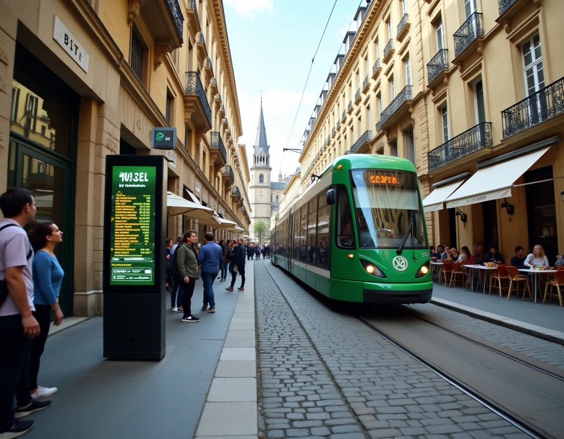 Tramway de Nantes traversant la Place du Commerce avec panneau d'information des d&eacute;parts en temps r&eacute;el