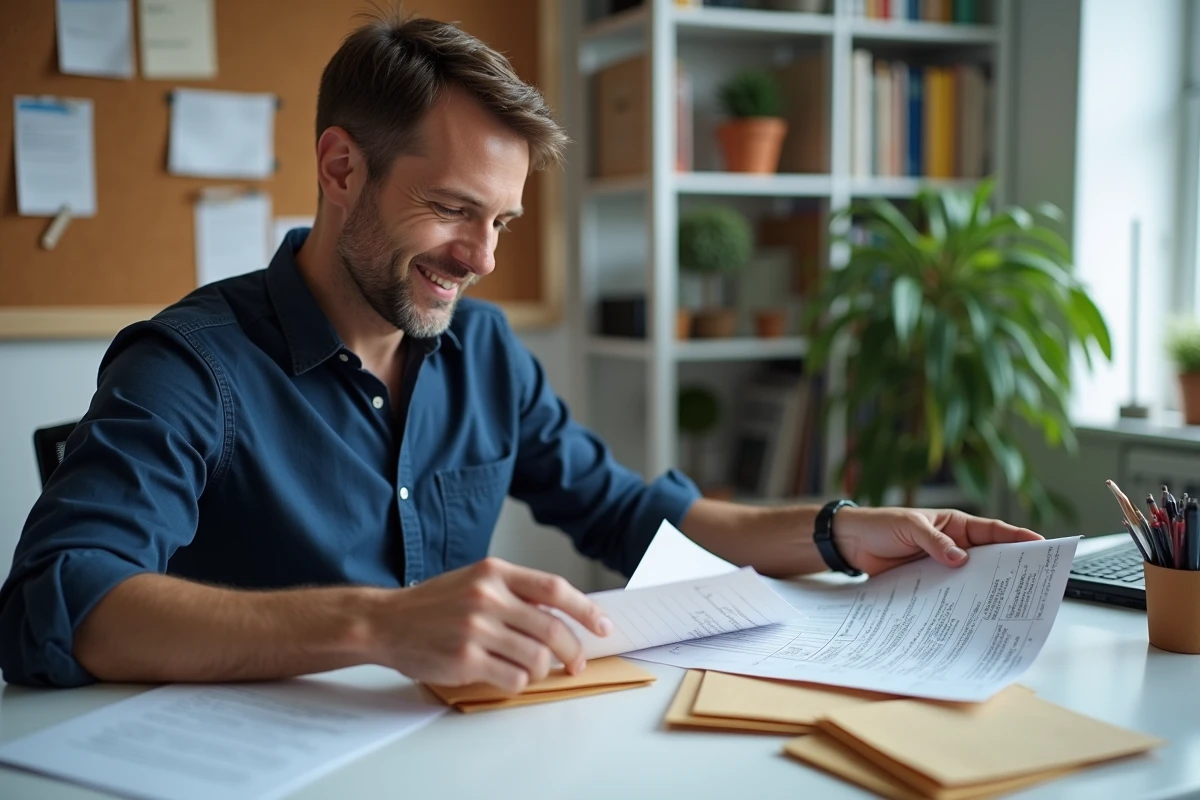 Homme triant des enveloppes de différentes tailles à son bureau avec un tableau de référence du poids des timbres postaux