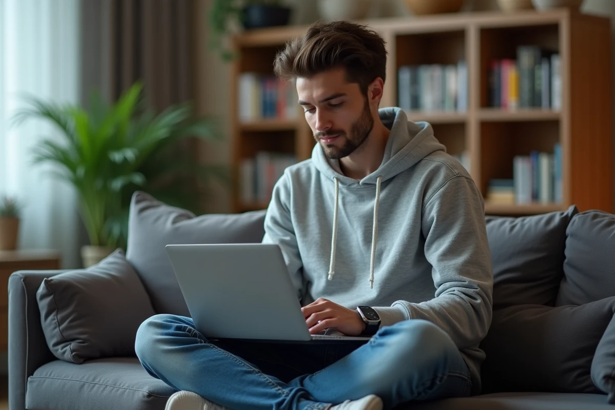 Jeune homme suivant les derni&egrave;res nouvelles peoples sur son ordinateur chez lui