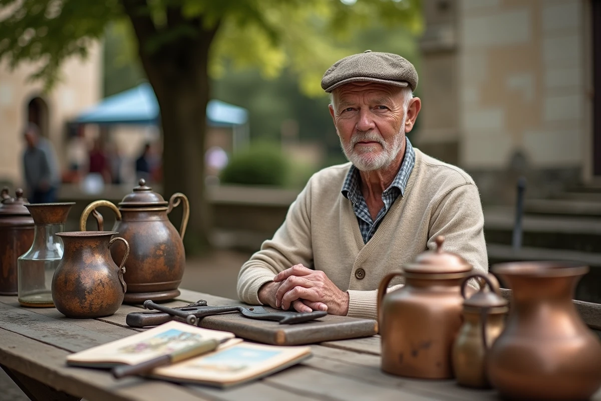 Vendeur &acirc;g&eacute; assis derri&egrave;re sa table remplie d'objets anciens lors d'un vide grenier dans le Lot