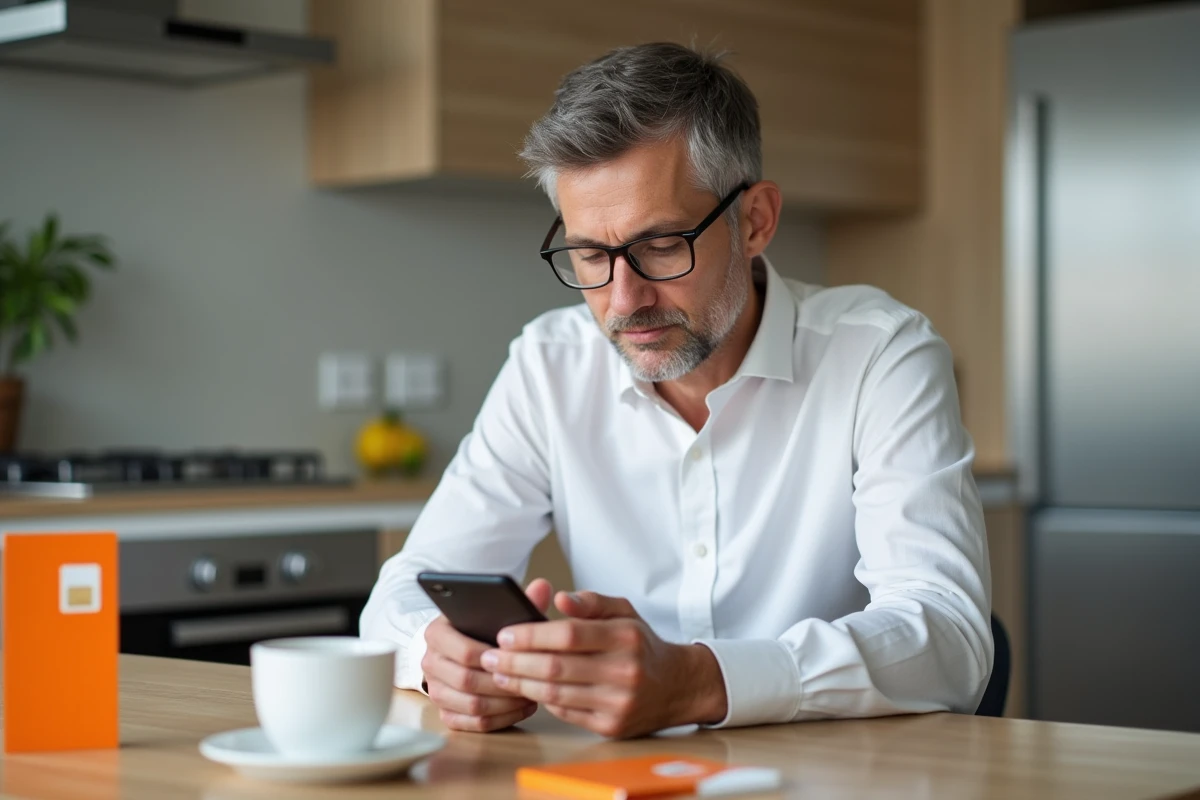 Homme v&eacute;rifiant les frais de carte SIM Orange sur smartphone avec le pack SIM pos&eacute; sur la table