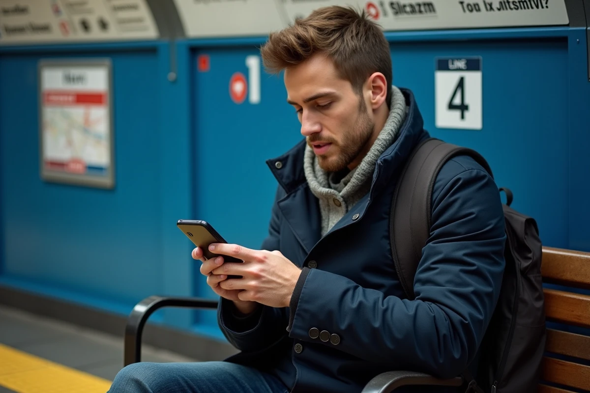 Usager du métro parisien consultant les perturbations de la ligne 4 sur son smartphone