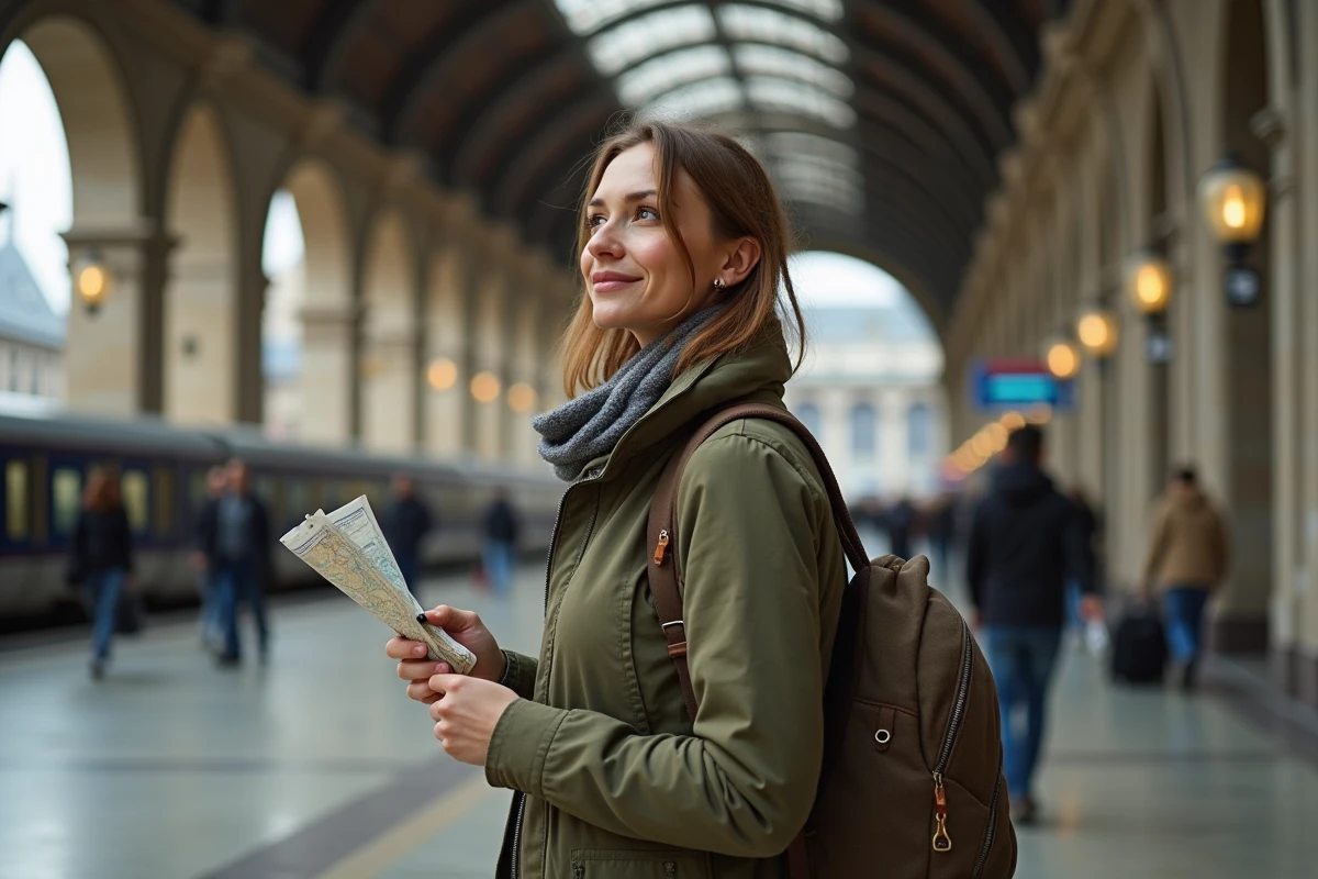 Une voyageuse seule tenant un briquet et une carte dans une grande gare européenne, évoquant le vocabulaire de voyage en anglais