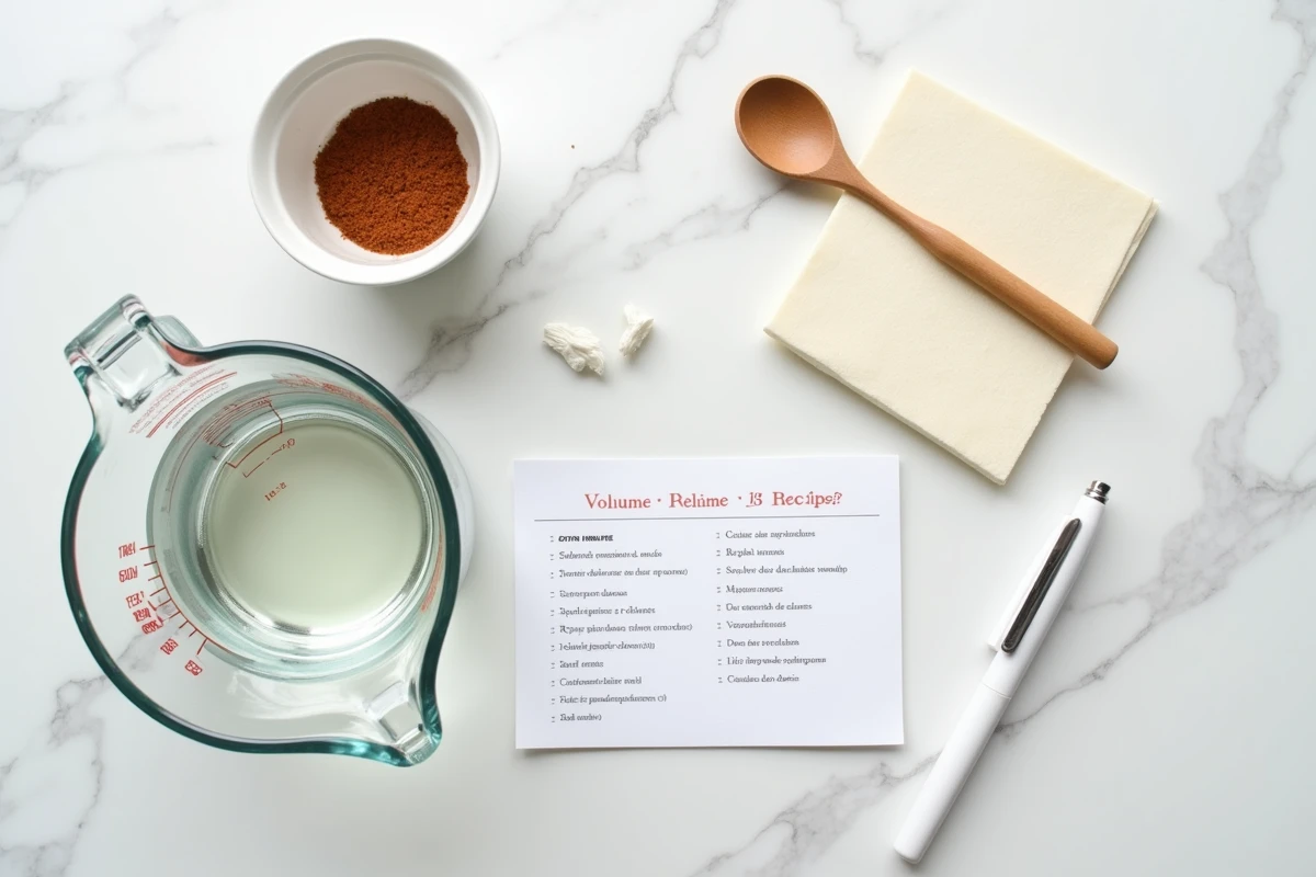 Vue aérienne d'un verre doseur avec 600 ml de liquide et une fiche de conversion millilitres en litres sur marbre blanc