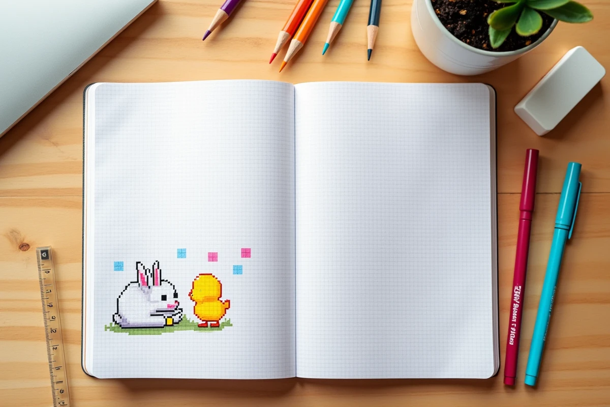 Vue de dessus d'un cahier quadrill&eacute; avec des dessins pixel art de lapins et poussins entour&eacute; de feutres
