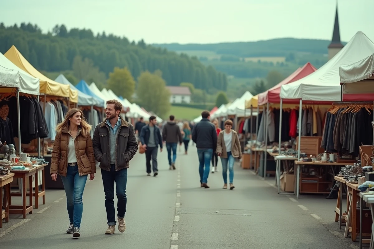 Vue panoramique d'un grand vide grenier en plein air dans la campagne de l'Ain avec familles et chineurs