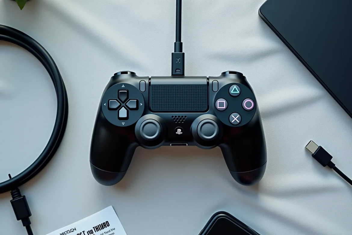 Vue &agrave; plat d'une manette PS4 avec c&acirc;ble de charge et indicateur thermique illustrant les risques de surchauffe