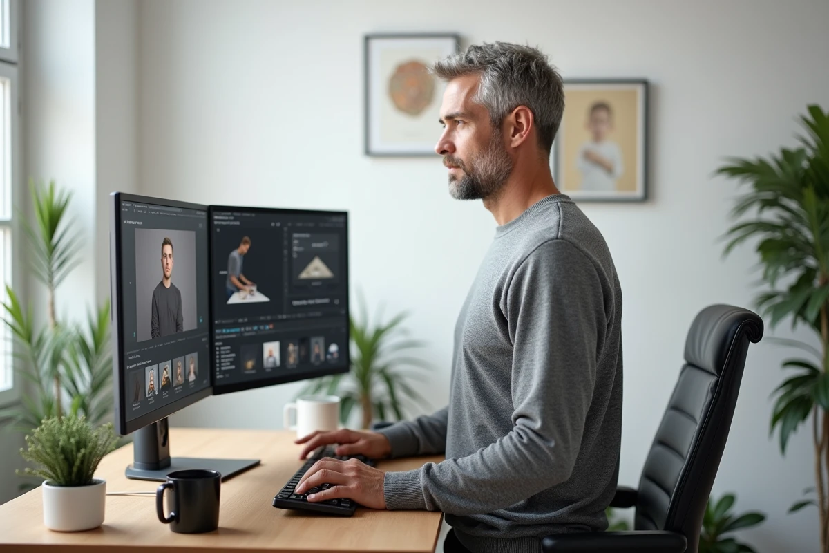 Photographe masculin utilisant un logiciel de workflow photo professionnel sur double écran dans un bureau minimaliste à domicile