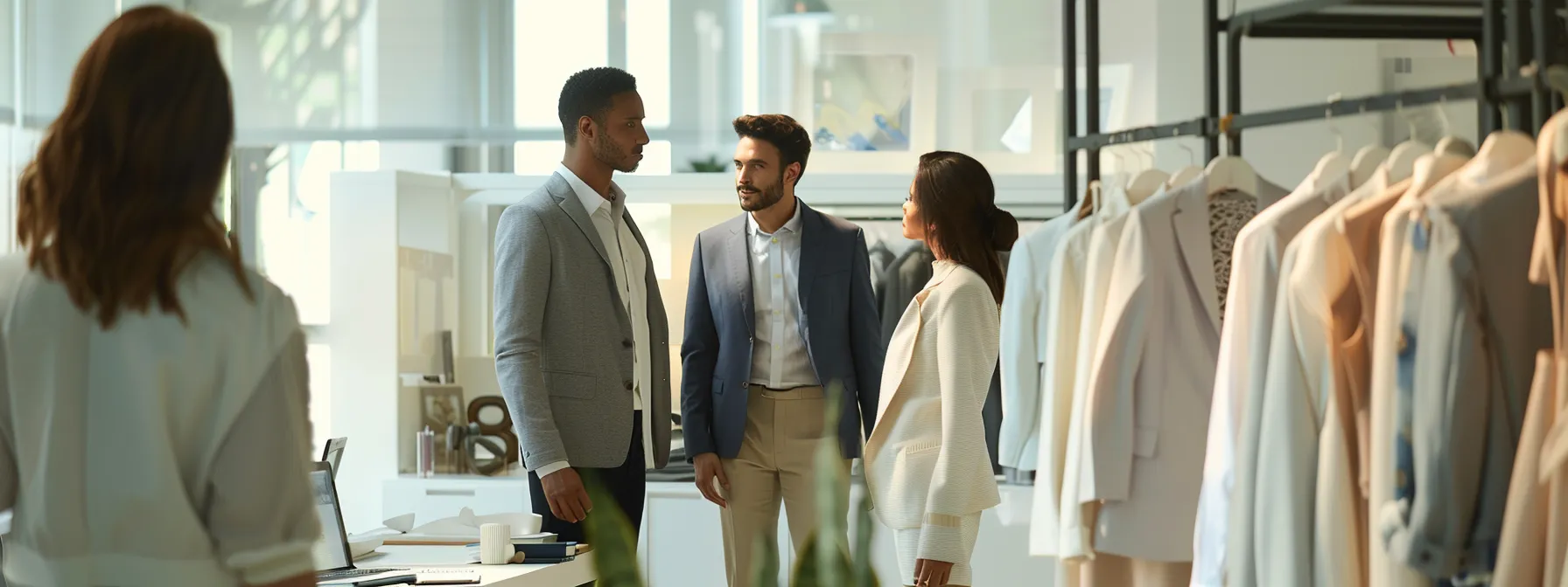 un groupe de professionnels examine un élégant ensemble d'été RW&CO dans un bureau moderne et épuré.