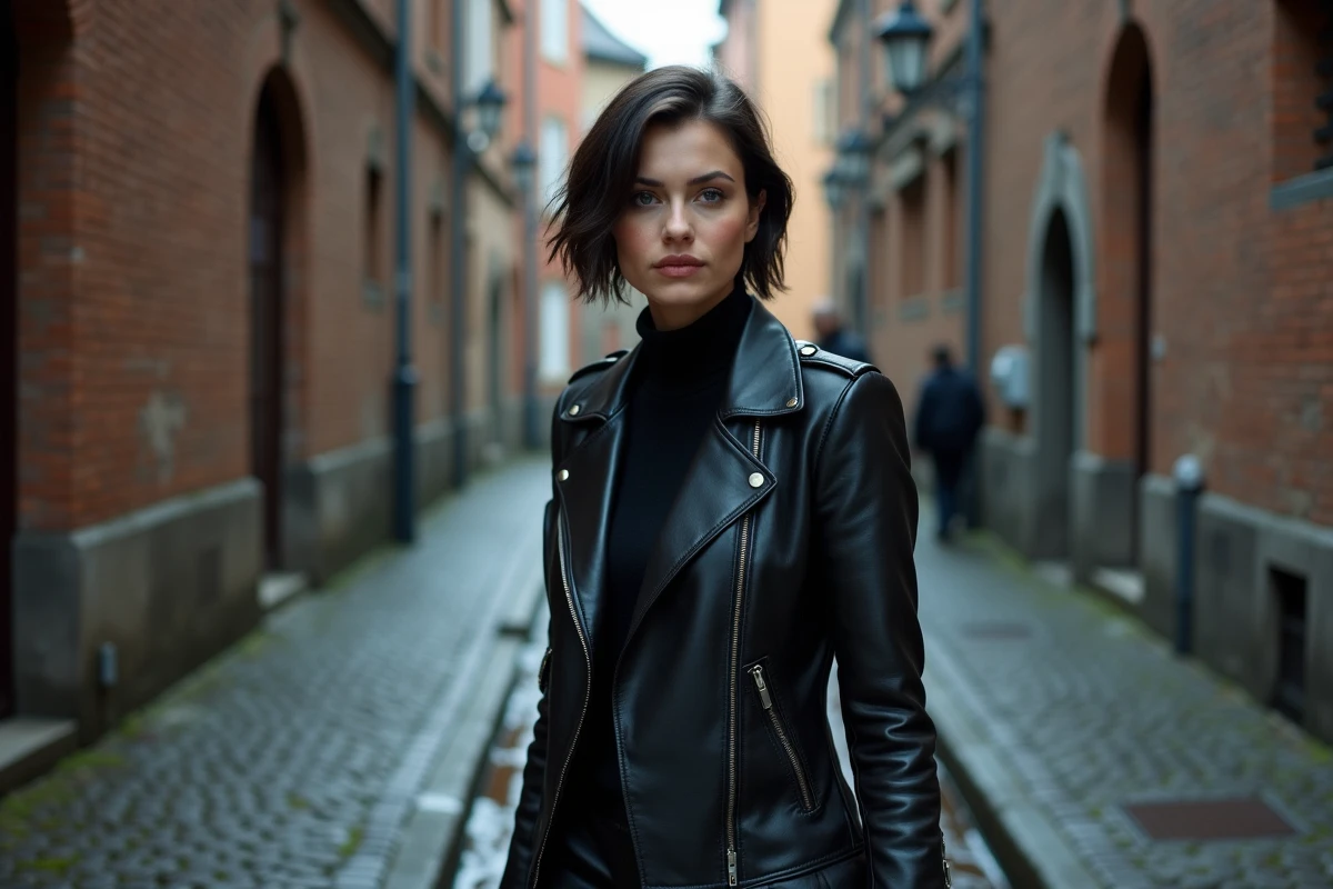Jeune actrice en veste noire marchant dans une ruelle pav&eacute;e europ&eacute;enne &eacute;voquant l'univers de Black Widow