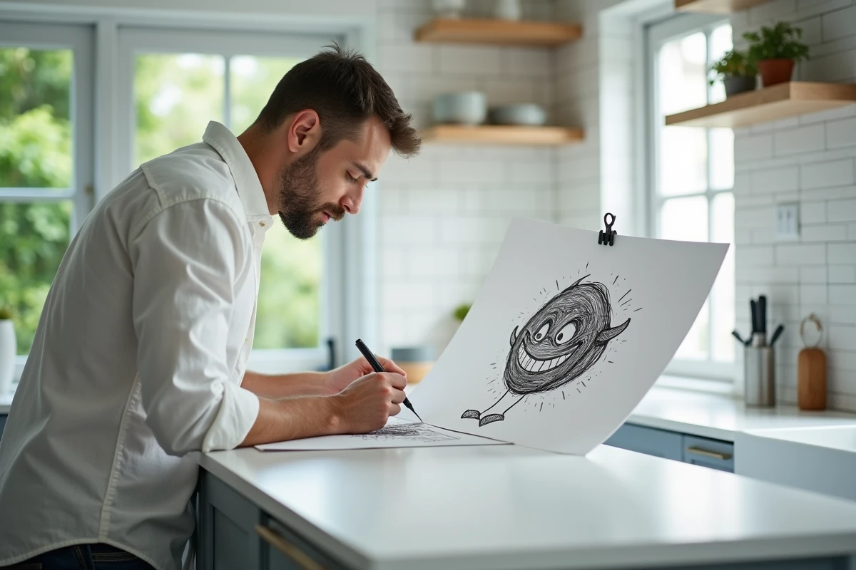 Homme adulte en train de transformer un gribouillage en monstre dessiné à l'encre noire sur une grande feuille blanche dans une cuisine moderne