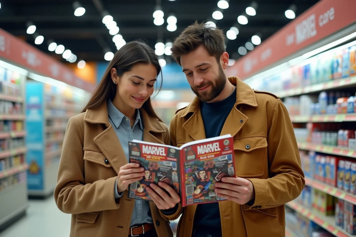 Deux adultes comparant leur album Marvel Leclerc 2026 dans le rayon d'un supermarch&eacute; fran&ccedil;ais