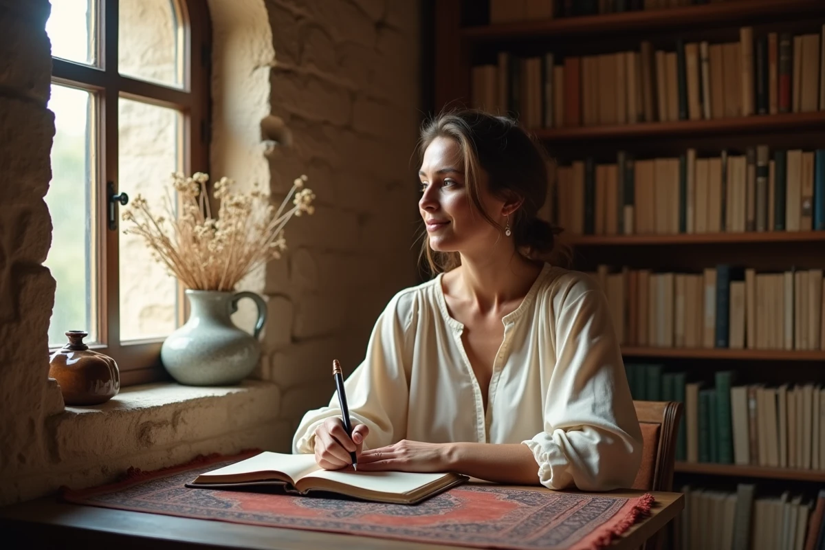 Femme seule &eacute;crivant dans un journal intime dans une pi&egrave;ce en pierre, symbolisant la qu&ecirc;te spirituelle de l'&acirc;me s&oelig;ur int&eacute;rieure