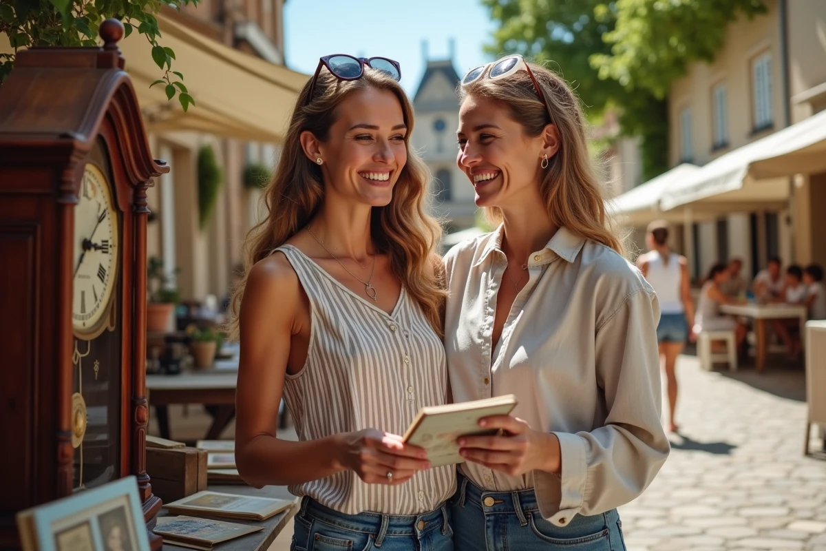 Deux amies souriant en découvrant des objets anciens sur un étal de vide-grenier ce week-end dans l'Aveyron