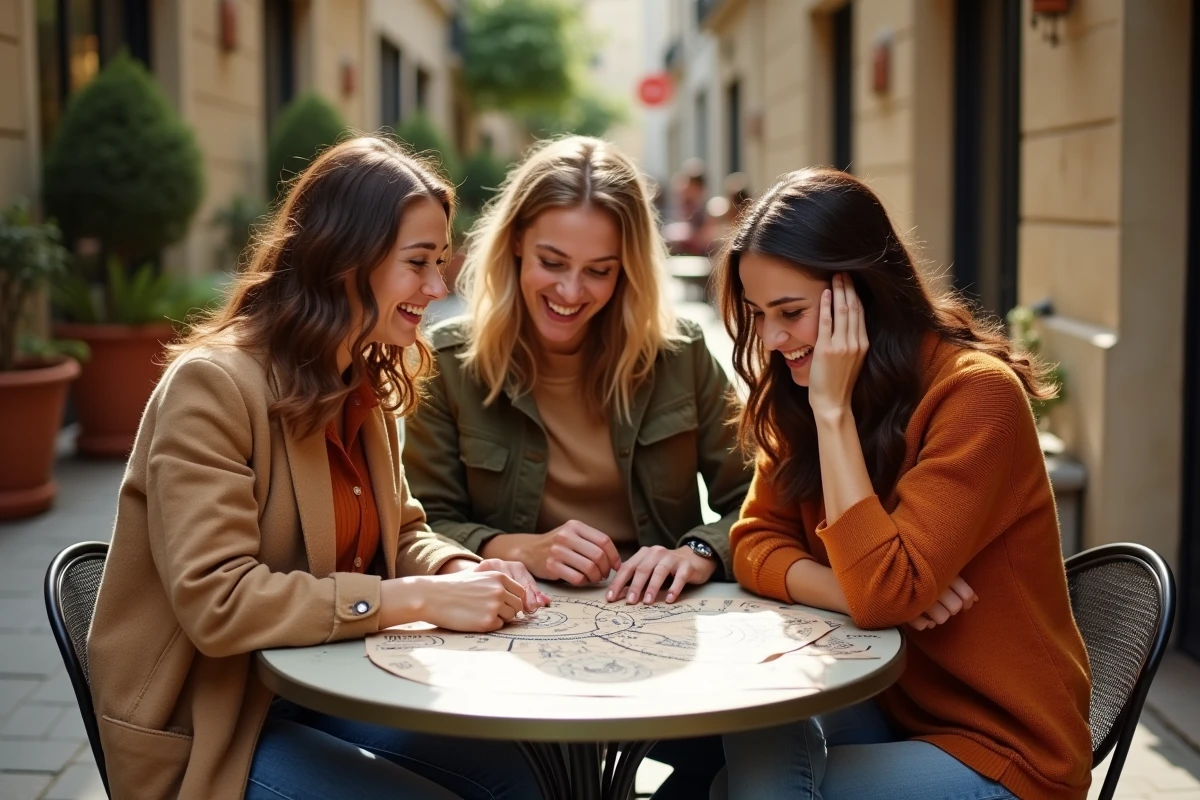 Groupe d'amis discutant de th&egrave;mes astraux et de signes du zodiaque autour de cartes astrologiques dans un caf&eacute; parisien