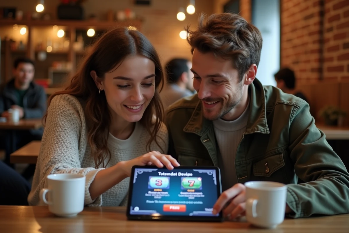 Deux amis d&eacute;butants d&eacute;couvrant ensemble un tutoriel de slot en ligne sur une tablette dans un caf&eacute;